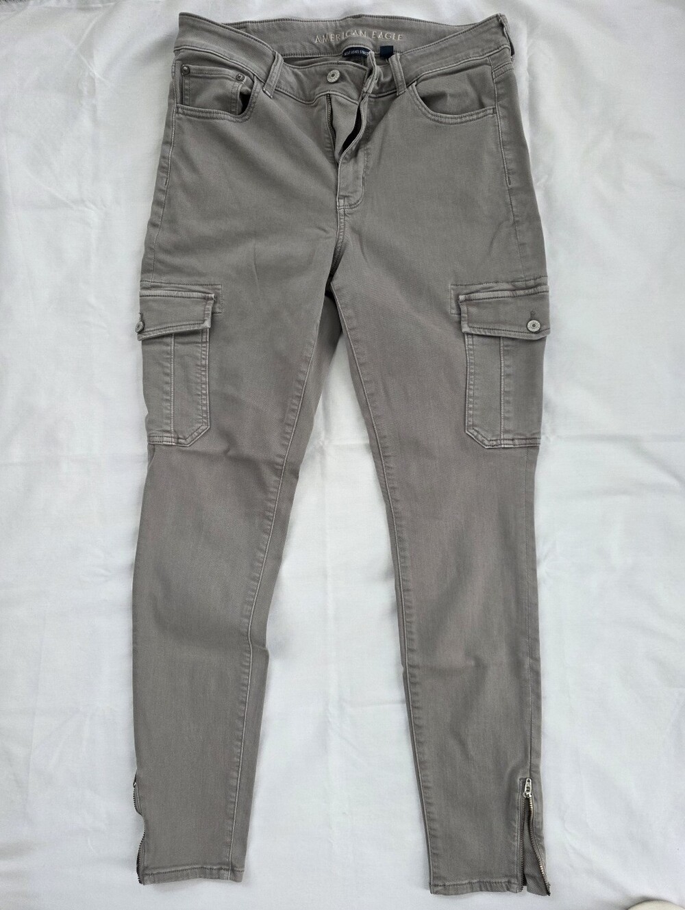American Eagle Skinny Gray High Rise Jeggings Cargo Pants Zip Ankle 12 Long